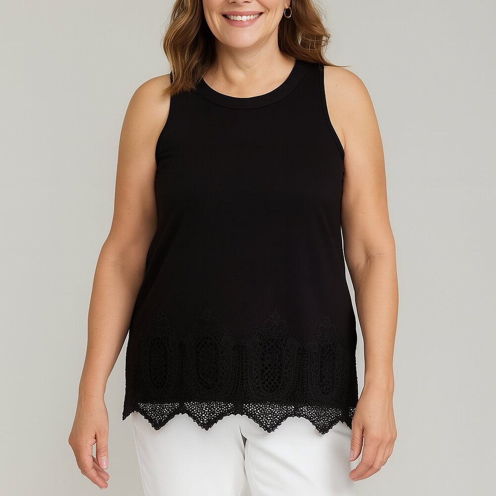 Adrianna Papell Racerback Tank Large Black Knit Top Lace Hem Elegant Minimal